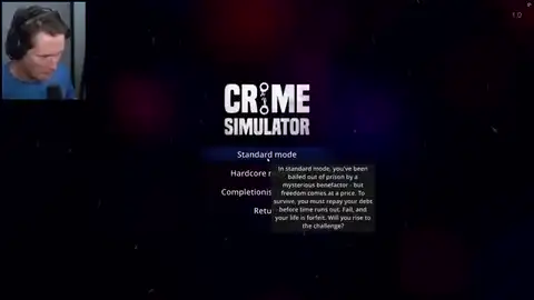 Crime Simulator mode select showing Standard, Hardcore, and Completionist