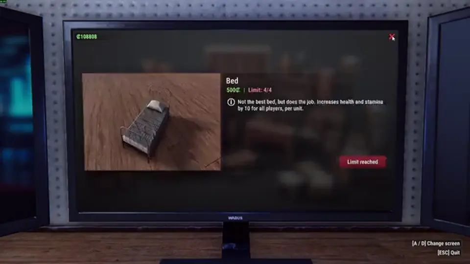 Crime Simulator hideout furniture shop with tooltip and copy limits